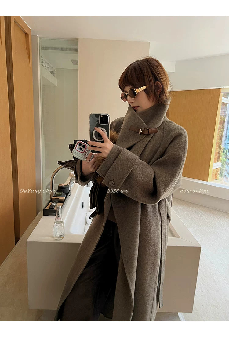 QuQuOuYang - 100% Wool Double-Face Belted Coat with Convertible Collar