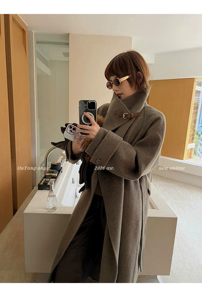 QuQuOuYang - 100% Wool Double-Face Belted Coat with Convertible Collar