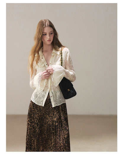 AOMALM - “Cocoa Leopard” Pleated Asymmetric Midi Skirt