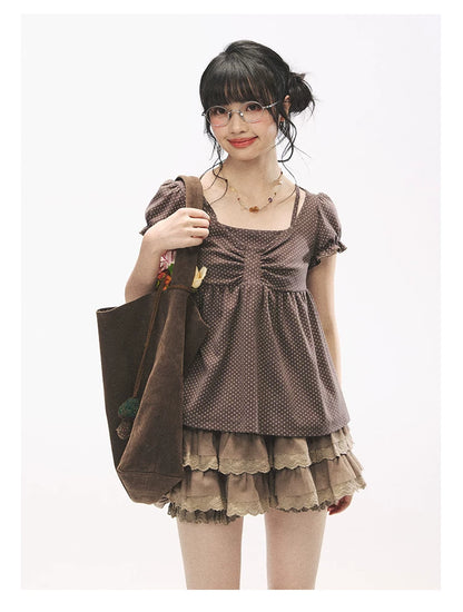 "Sweetheart Crew" Polka Dot Faux Two-Piece Bow Knit Short Sleeve Top