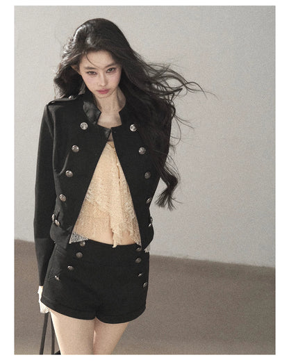 AOMALM - Black Napoleon-Style Jacket & Shorts Set with Milk Tea Top