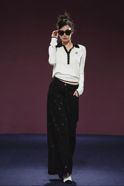 Vintage Contrast Ribbon Polo Knit Top & Heart Pocket Shorts Set