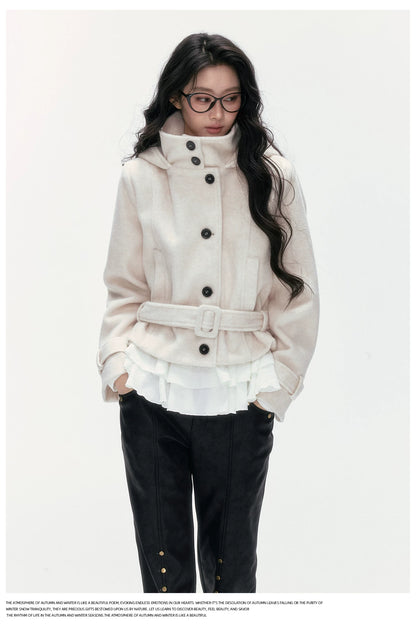 24olvides - Beige Hooded Wool-Blend Coat with Waist Belt