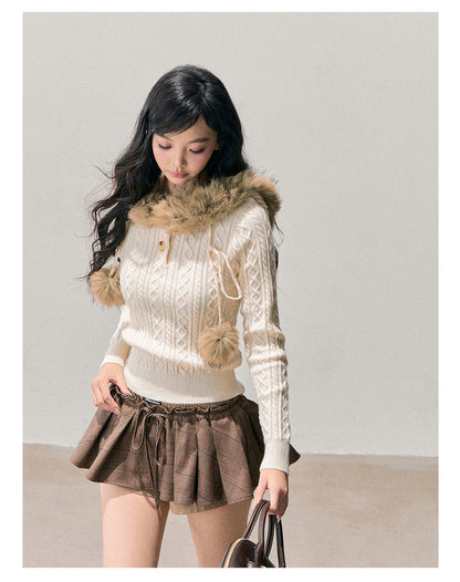少也眼 “Traces of Melting Snow” Korean-Style Plush Hooded Cable Knit Sweater
