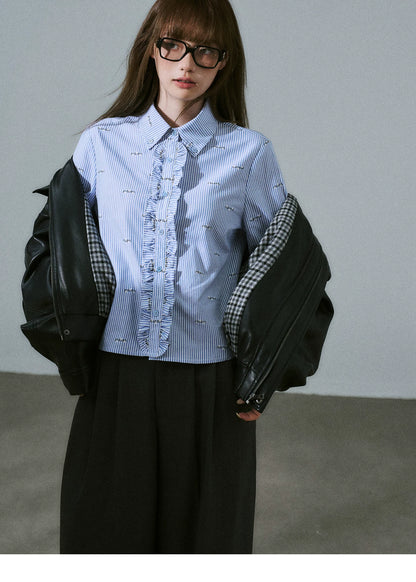 LOST FOREST - Blue Stripe Floral Jacquard Cropped Shirt