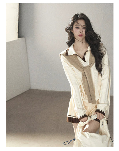 AOMALM - Dutch Cheese Knit Top & Pleated Mini Skirt Set with Khaki Shawl