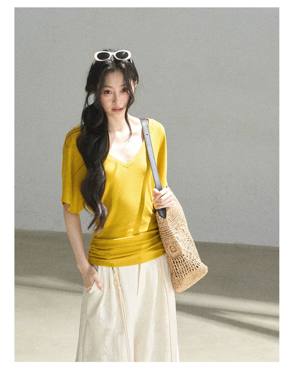 "The First Ray of Sunshine" V-Neck Crop Tee (Ginger Yellow. Creamy Apricot White)
