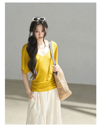 "The First Ray of Sunshine" V-Neck Crop Tee (Ginger Yellow. Creamy Apricot White)