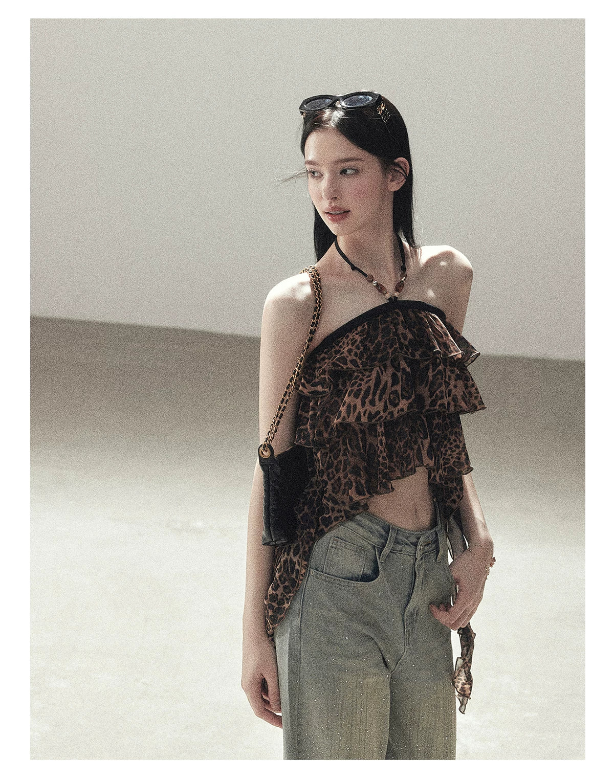 "Chasing the Sunset" Chestnut Brown Leopard Halter Ruffle Crop Top