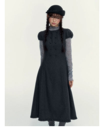 Vintage Double-Breasted Wool Dress & Knit Fringe Cape Set