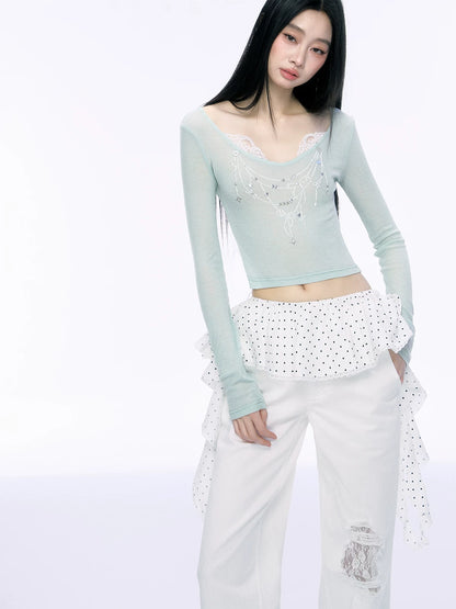 JN's DESIGN - Fitted Lace Long-Sleeve Top with Pearl Rhinestones
