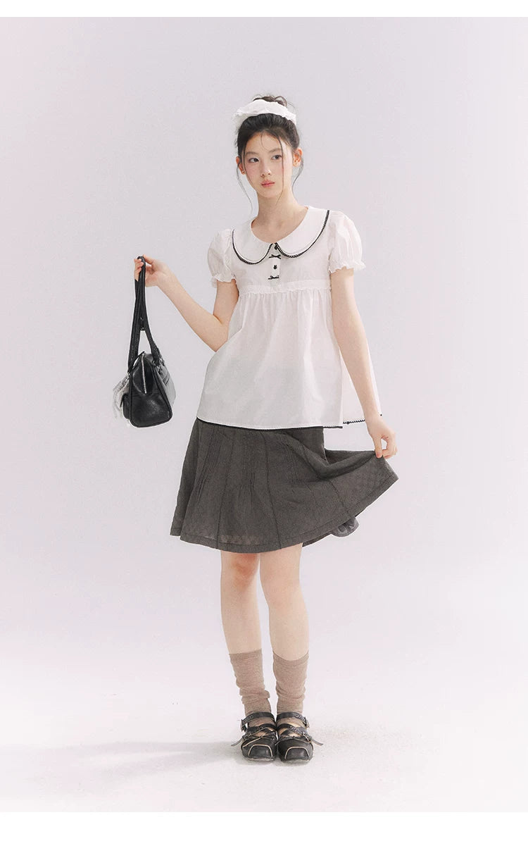 “Misty Texture” Gray Plaid Trim Embroidered A-Line Skirt