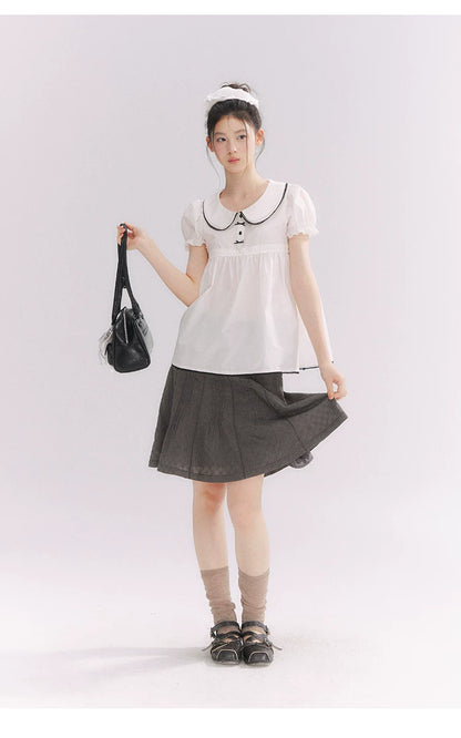 “Misty Texture” Gray Plaid Trim Embroidered A-Line Skirt