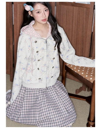 [RF] Vintage Floral Waffle Knit Hoodie Cardigan with Gingham Lining