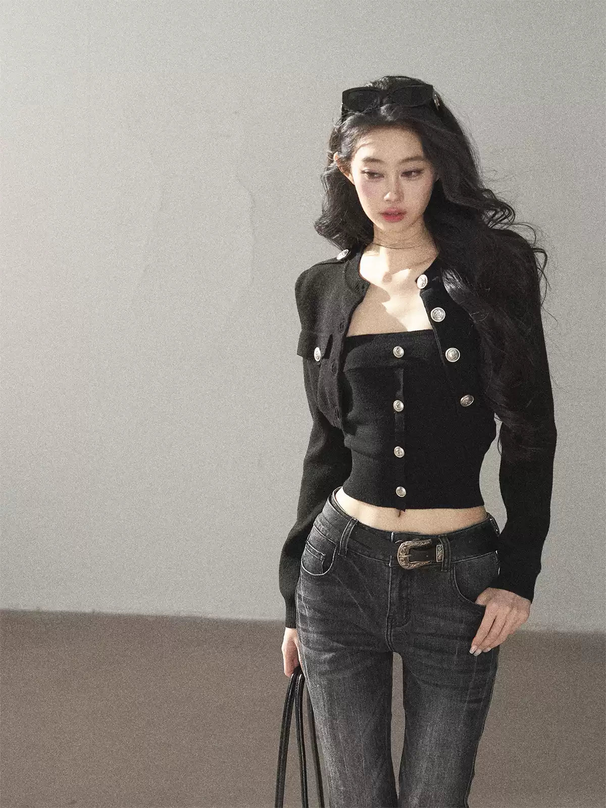 AOMALM - "You in the Night Sky" Black Cropped Knit Cardigan & Bandeau Set