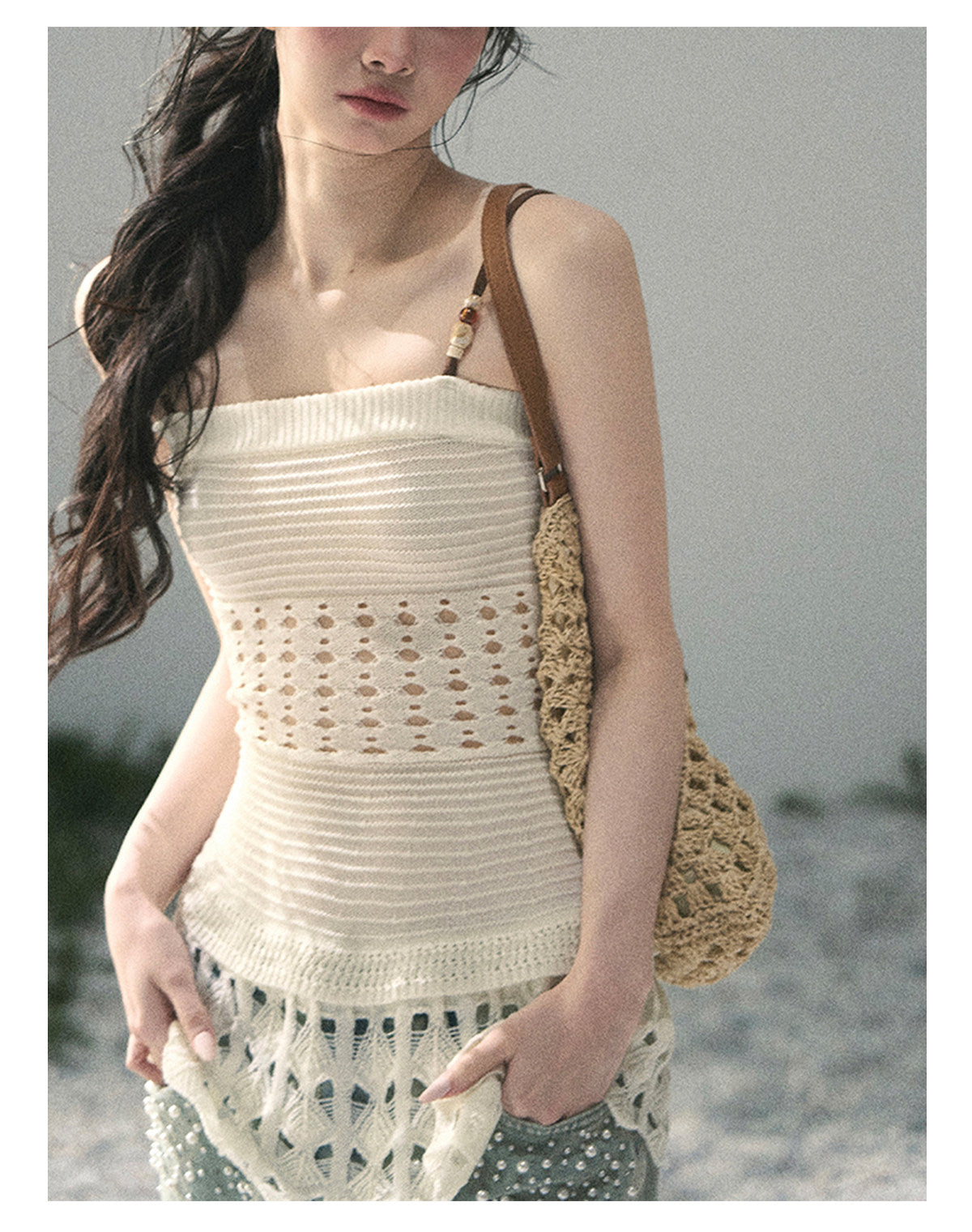 “Fractured Presence” Ivory Open-Knit Cami Top