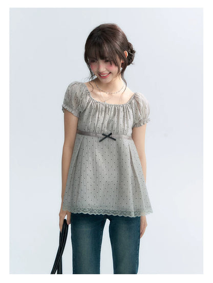 "Polka Dot Constellation" Gray Polka Dot Square Neck Puff Sleeve Top