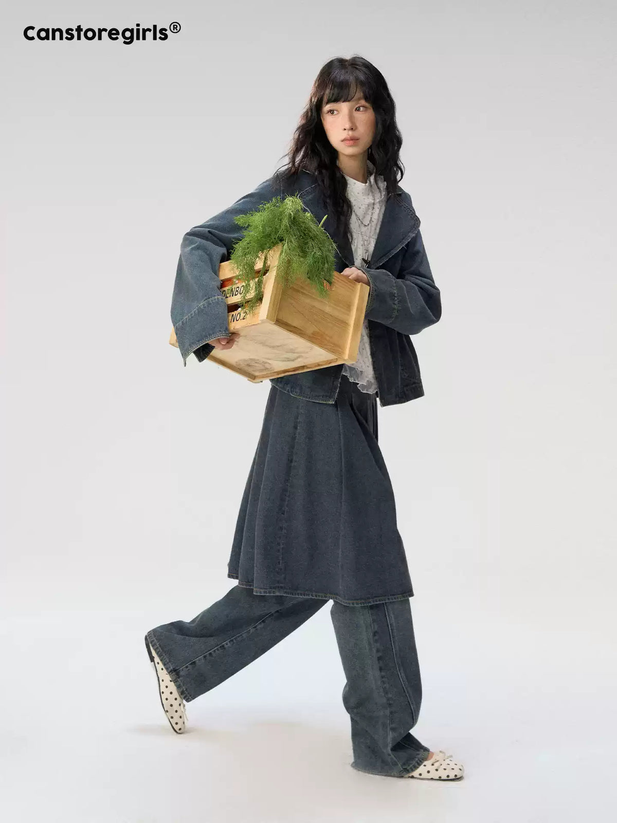 [CAN] "Wildflower Echoes" Vintage Indigo Denim Set (Jacket / Flared Pants / Midi Skirt)
