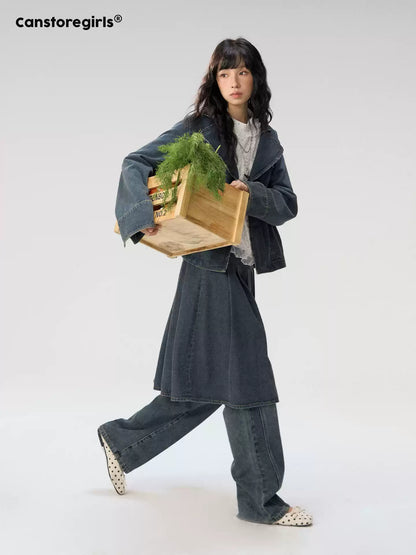 [CAN] "Wildflower Echoes" Vintage Indigo Denim Set (Jacket / Flared Pants / Midi Skirt)
