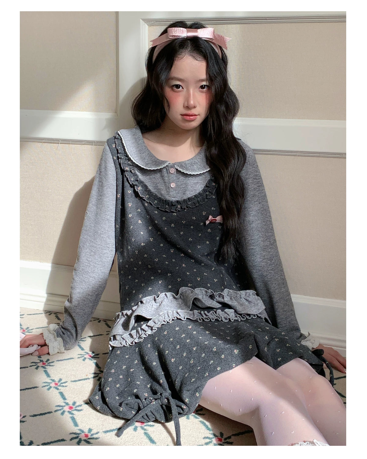 [[RF] “Gray-Toned Layered Charm” Gray Floral Two-Piece Skirt Set