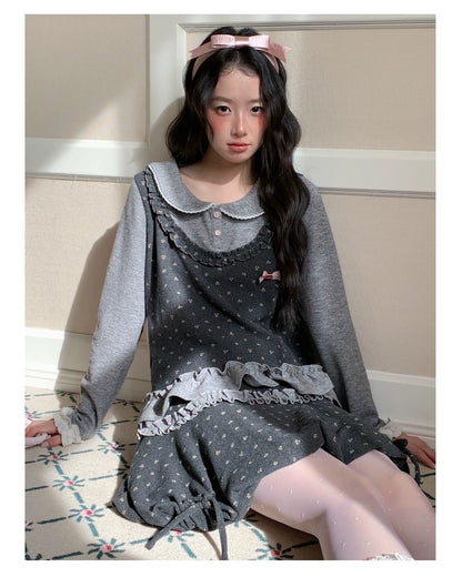 [[RF] “Gray-Toned Layered Charm” Gray Floral Two-Piece Skirt Set