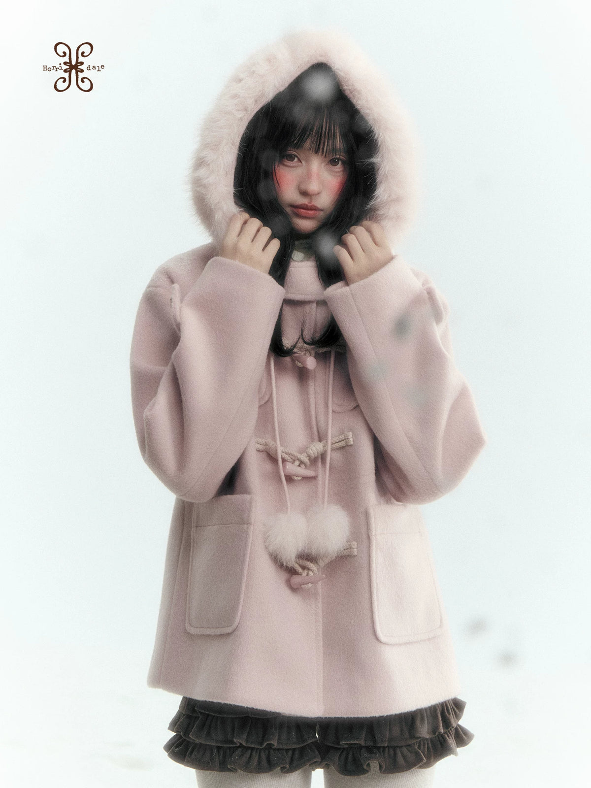 Horridale - Preppy Hooded Wool-Blend Duffle Coat with Pom-Pom Details – Mist Pink