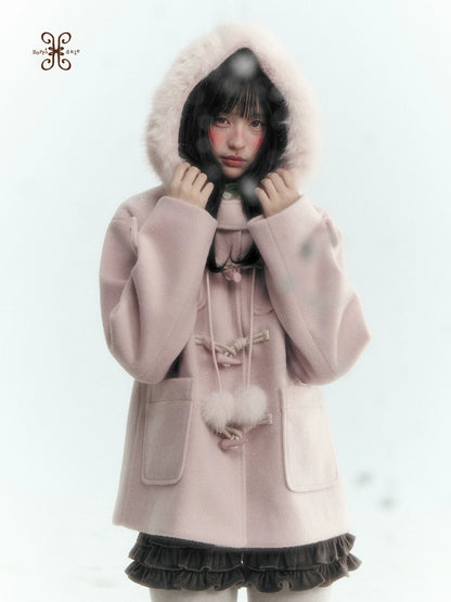 Horridale - Preppy Hooded Wool-Blend Duffle Coat with Pom-Pom Details – Mist Pink