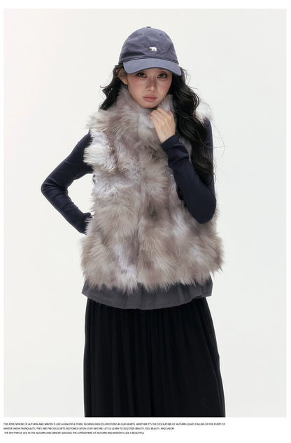 24olvides - Faux Fur Vest with Stand Collar and Toggle Closures (Creamy Leopard Print / Blue-Gray)