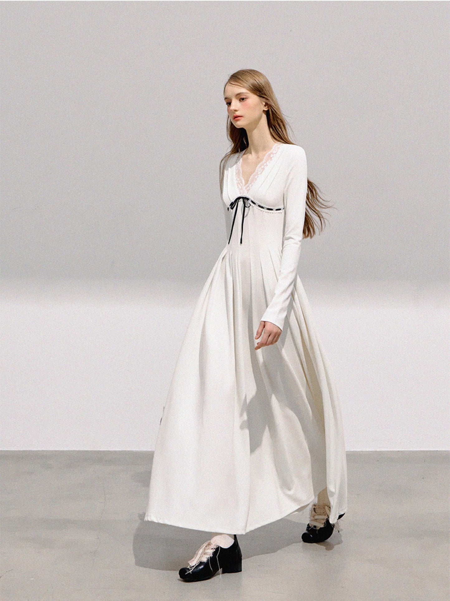 BOHOL BLING - French Romantic V-Neck Lace Trim Pleated Maxi Dress