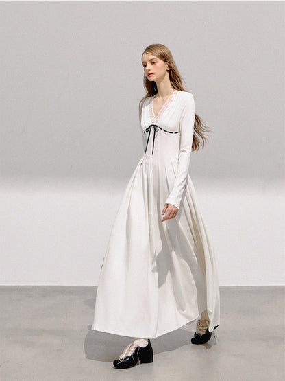 BOHOL BLING - French Romantic V-Neck Lace Trim Pleated Maxi Dress