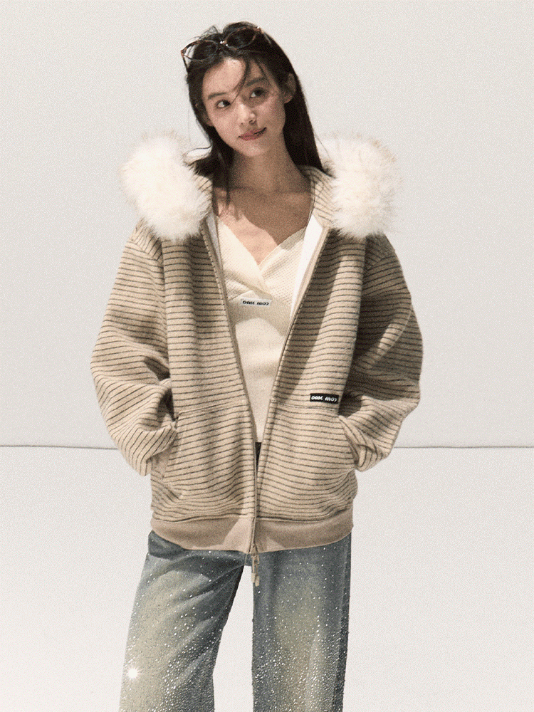 OAKMOO/ Sand Taupe Striped Hooded Jacket with Detachable Faux Fur Collar