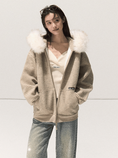 OAKMOO/ Sand Taupe Striped Hooded Jacket with Detachable Faux Fur Collar