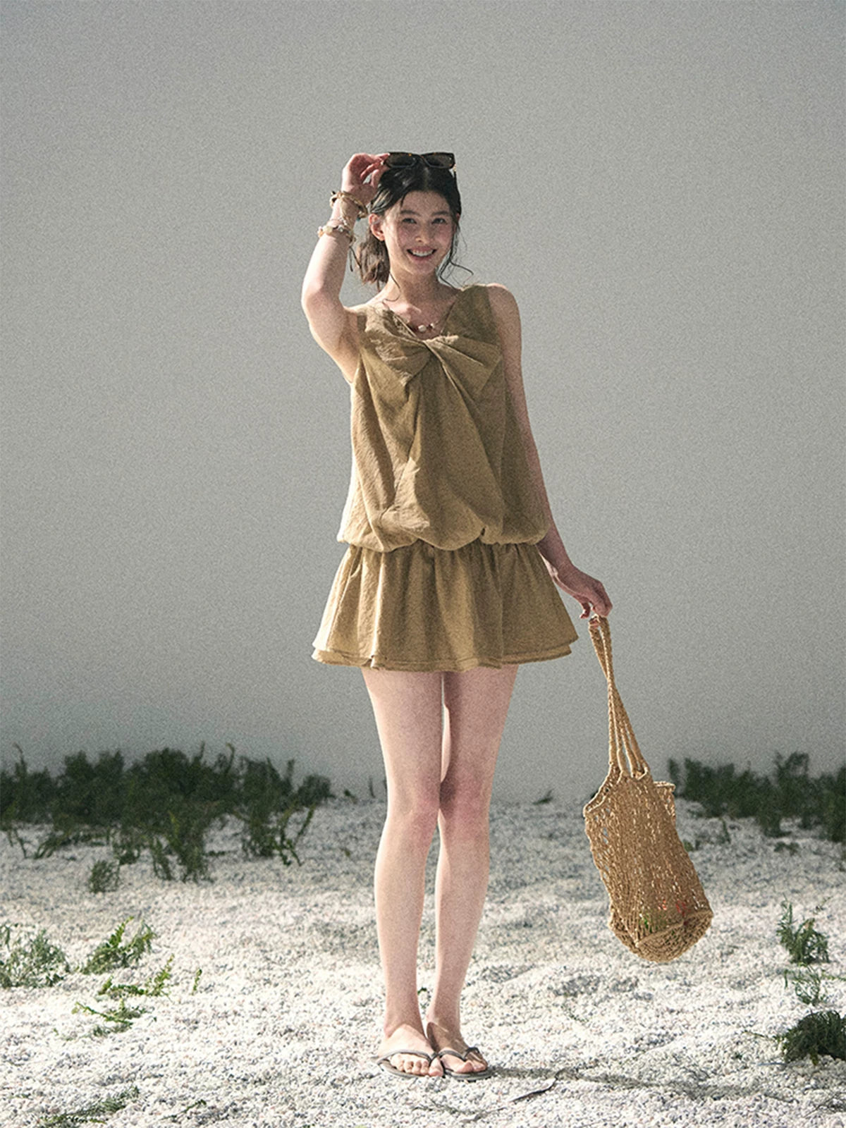 “Whispering Grass” Milk Tea Twist Mini Dress