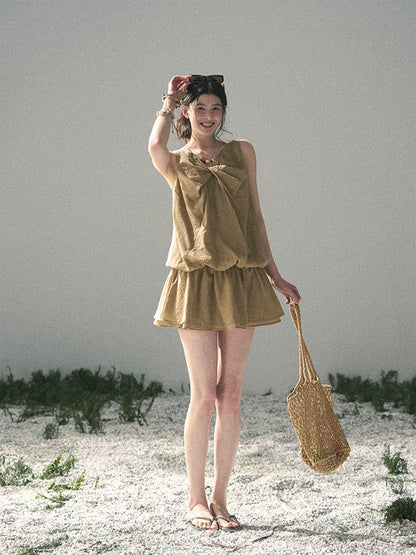 “Whispering Grass” Milk Tea Twist Mini Dress