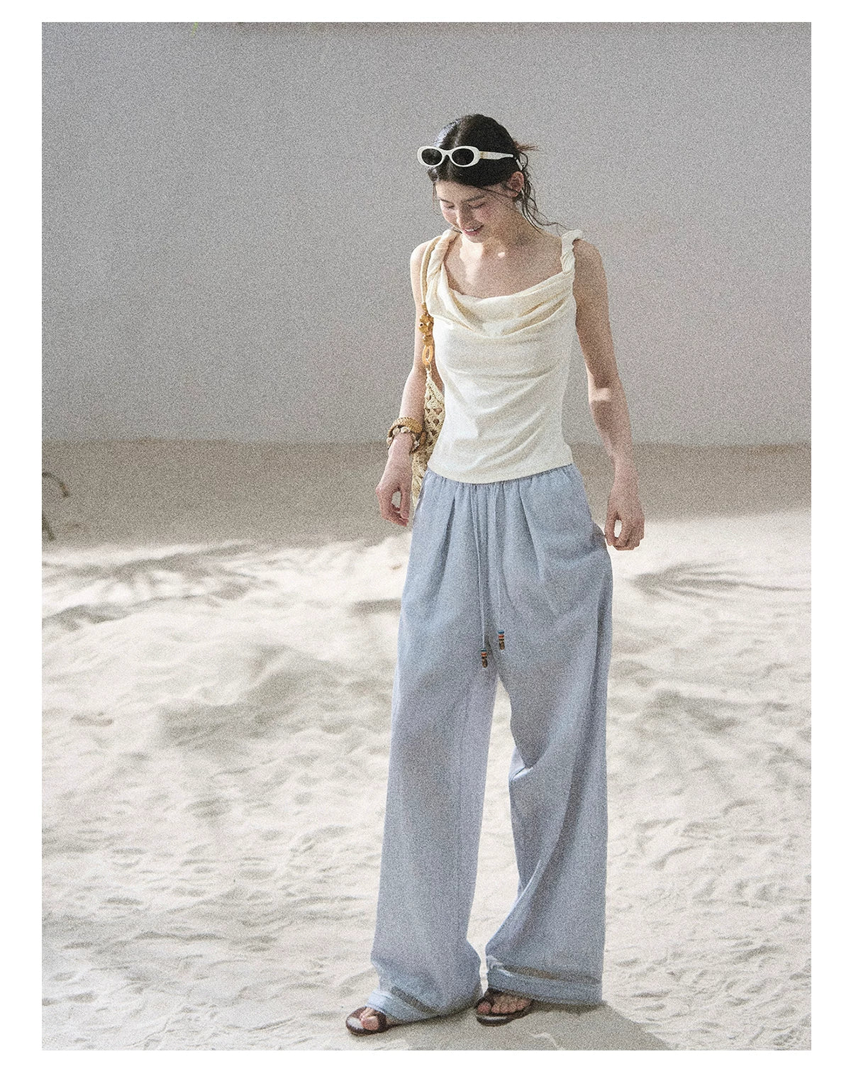 "Follow the Sea Breeze" Lightweight Straight-Leg Wide-Leg Pants (Lotus Pink/ Gray Sage Green/ Gray Blue)