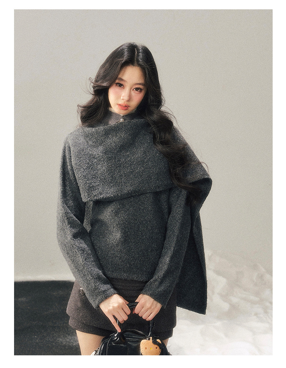 少也眼 "When Clarity Falls" Dusk Gray Layered Shawl Knit Sweater