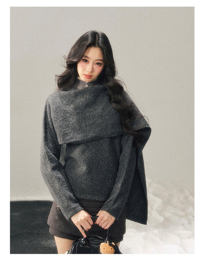 少也眼 "When Clarity Falls" Dusk Gray Layered Shawl Knit Sweater