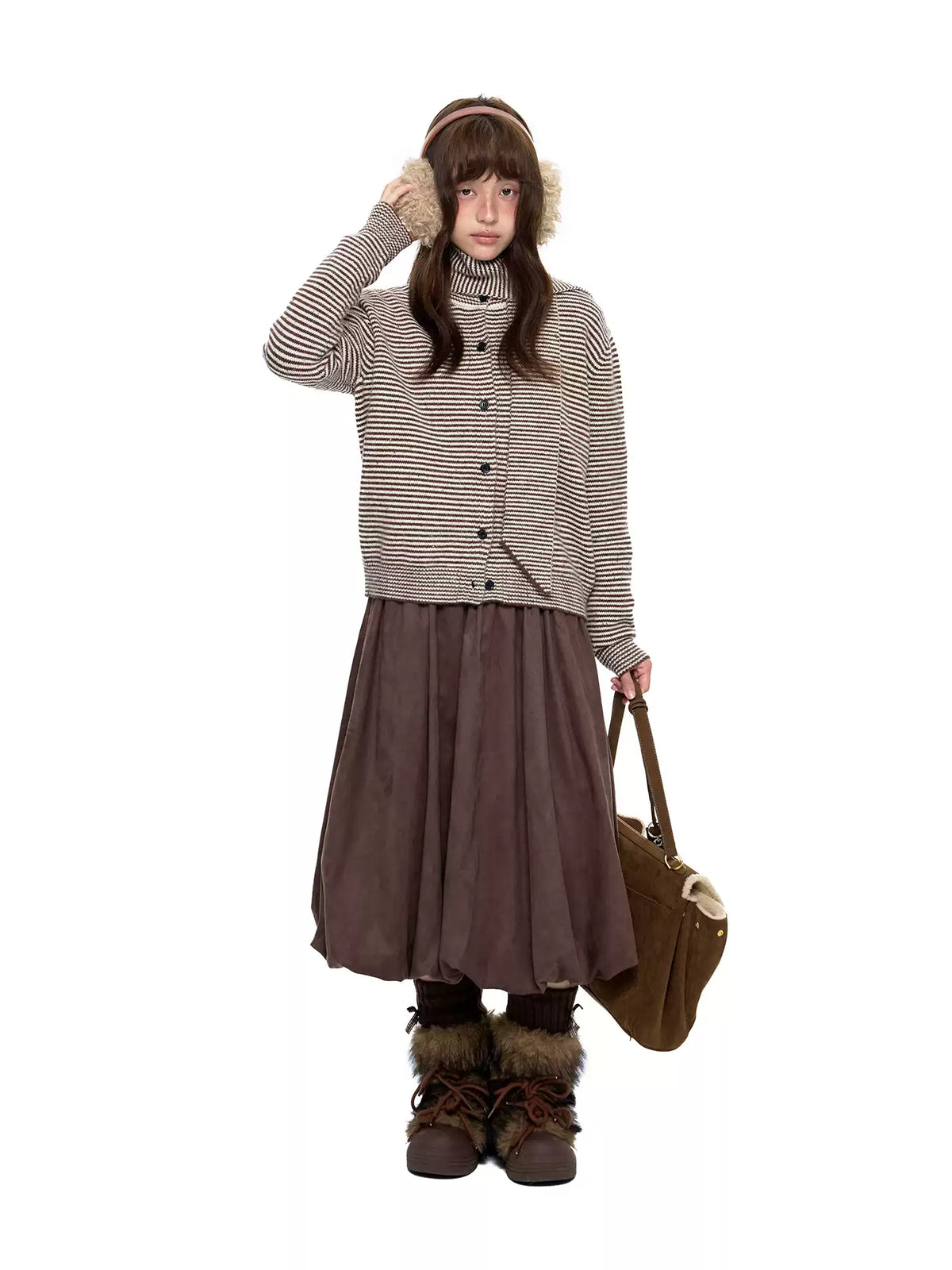EZEK | Speckled Crew Neck Cardigan Sweater (Gray / Caramel)