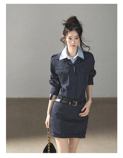 170726 "The Island and the Whale" Deep Slate Gray Layered Stripe Shirt Dress with Belt