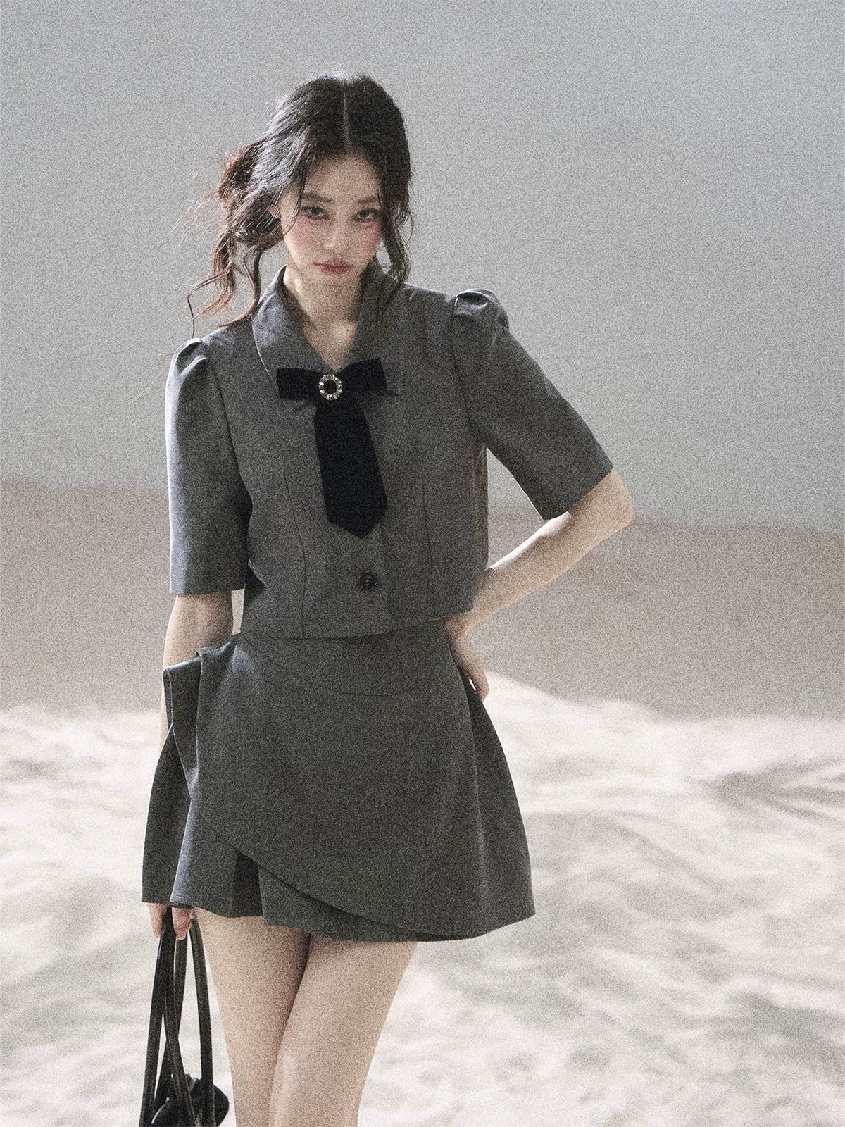 "Paris Afternoon" Slate Gray Bow Top & A-Line Mini Skirt Two-Piece Set