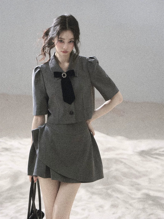 "Paris Afternoon" Slate Gray Bow Top & A-Line Mini Skirt Two-Piece Set
