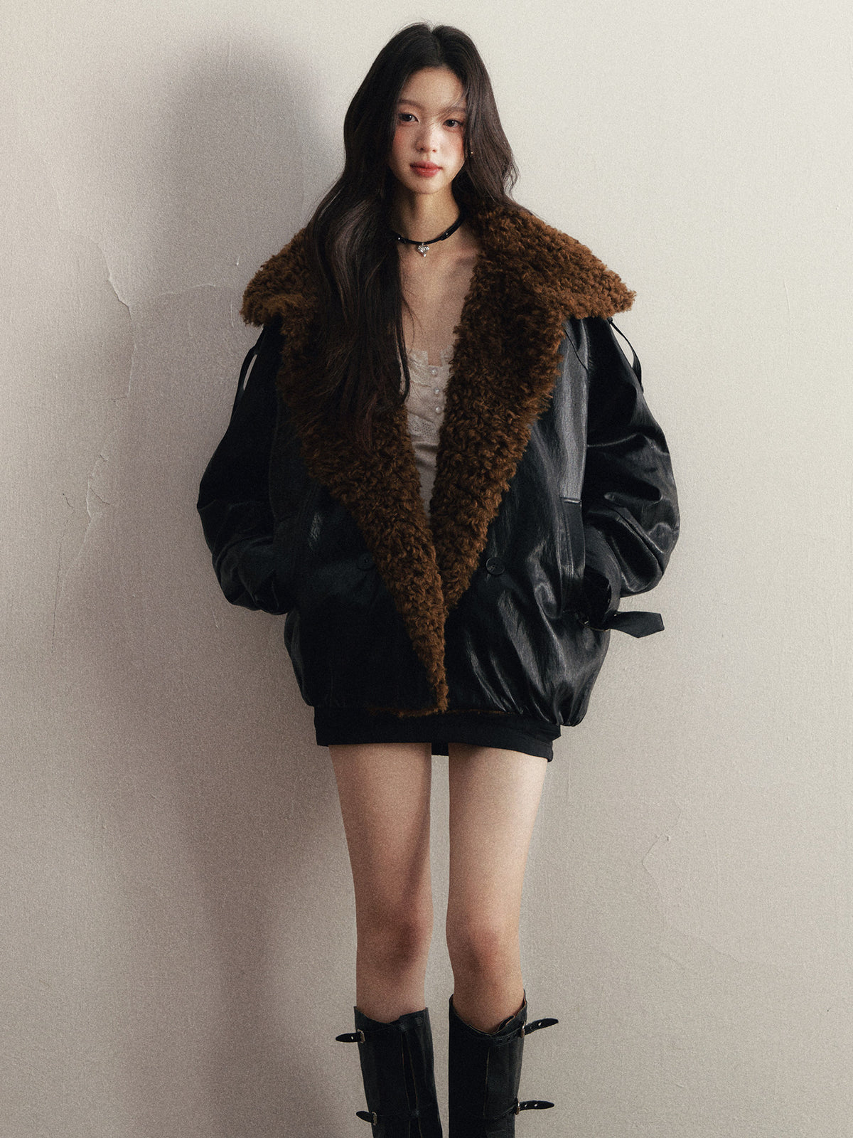 1P - Black Glossy Faux-Leather Jacket with Curly Faux-Fur Collar