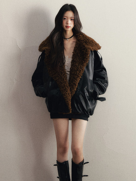 1P - Black Glossy Faux-Leather Jacket with Curly Faux-Fur Collar