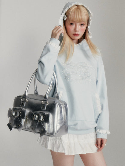“Island Shell Blue” Pearl-Embellished Lace-Trim Hoodie 2416