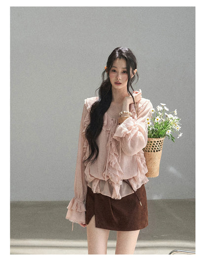 AOMALM - "A Featherlight Touch" French Camellia White Lace Chiffon Top with Belt (Camellia / Oatmeal / Cinnamon Pink)