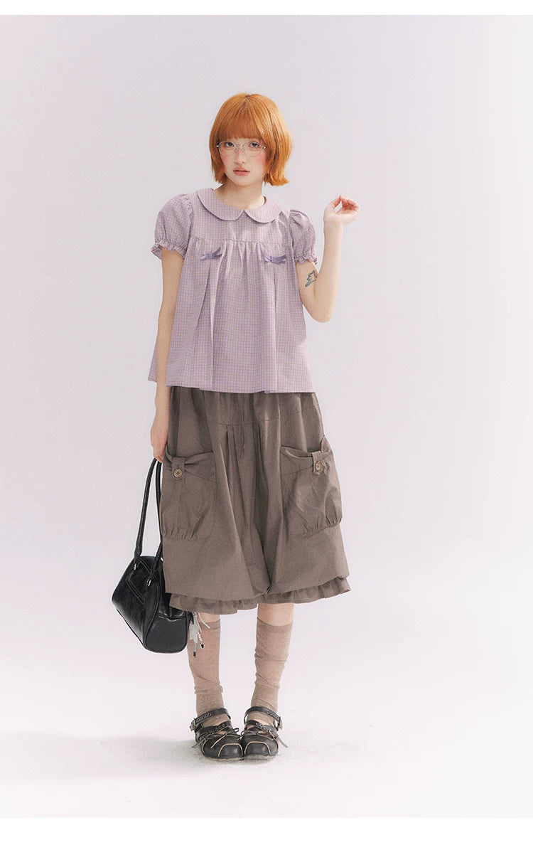 “Taro Milk Candy” Purple Plaid Bow Peter Pan Collar Puff Sleeve Blouse