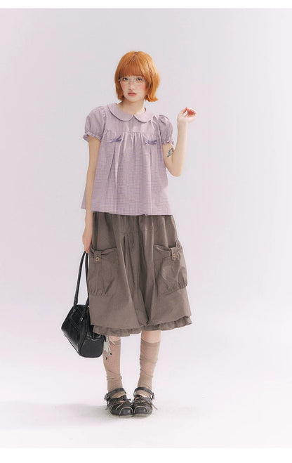 “Taro Milk Candy” Purple Plaid Bow Peter Pan Collar Puff Sleeve Blouse