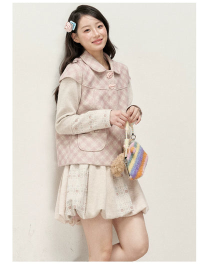 [RF] Vintage Floral Patchwork Knit Bubble Skirt in Blush Pink