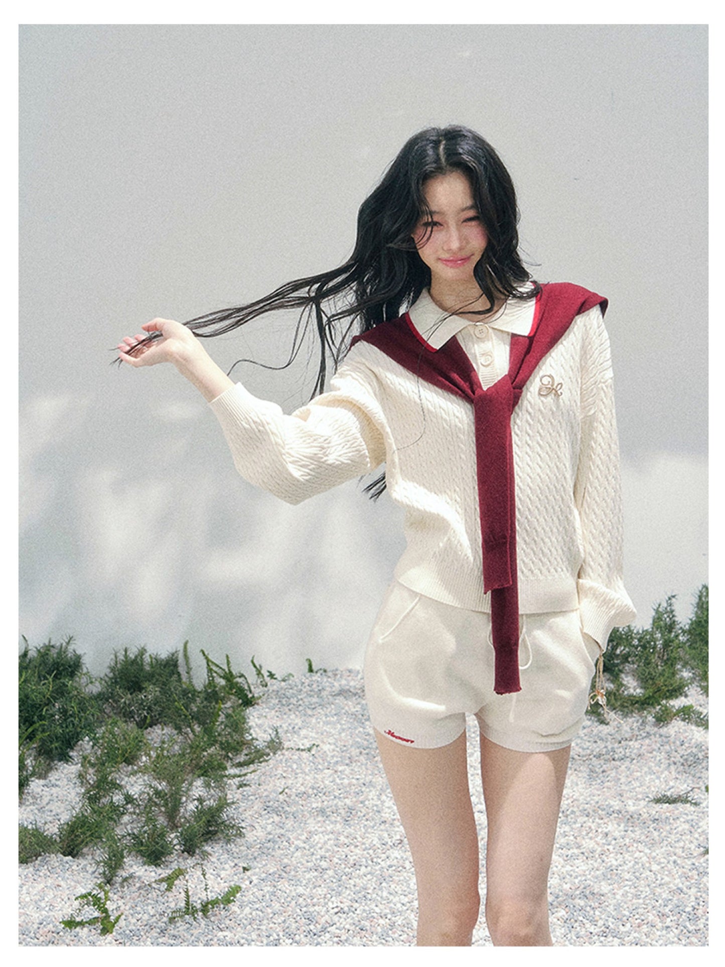 少也眼 “Campus Muse” Apricot Preppy Three-Piece Knit Set 6785654