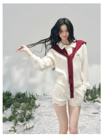 少也眼 “Campus Muse” Apricot Preppy Three-Piece Knit Set 6785654